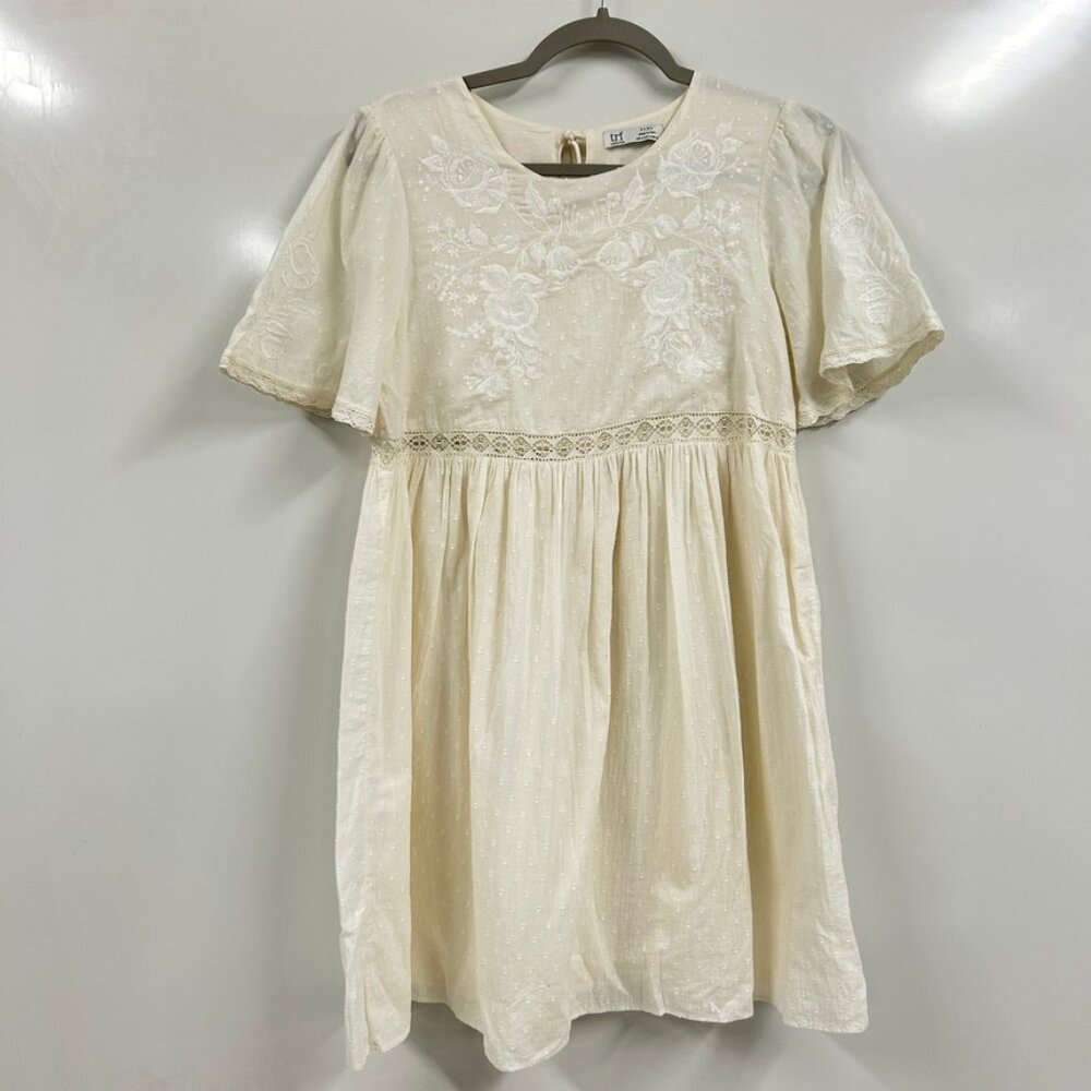 Zara TRF Small Cream Embroidered Babydoll Mini Dress Cottagecore Boho Puff Sleev